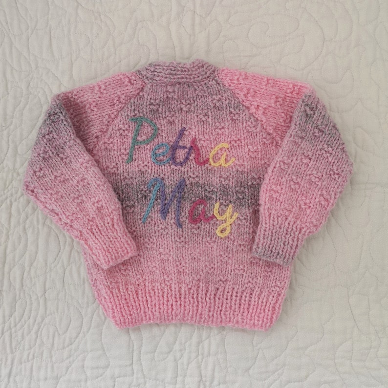 Rainbow Yarn Personalised Hand Knitted Baby Cardigans/Jumpers. Handmade & hand embroidered for a special gift or keepsake. image 7