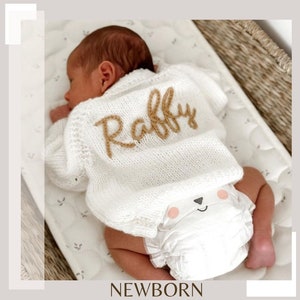 Personalised Baby Cardigan. Hand Knitted. Newborn Size. Hand embroidered baby knits. Gift/keepsake. Going home outfit.