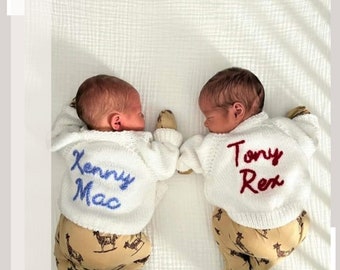 Newborn | Mixed Colours | Personalised Hand Knitted Baby Cardigans/Jumpers. Handmade and hand embroidered for a special gift or keepsake.