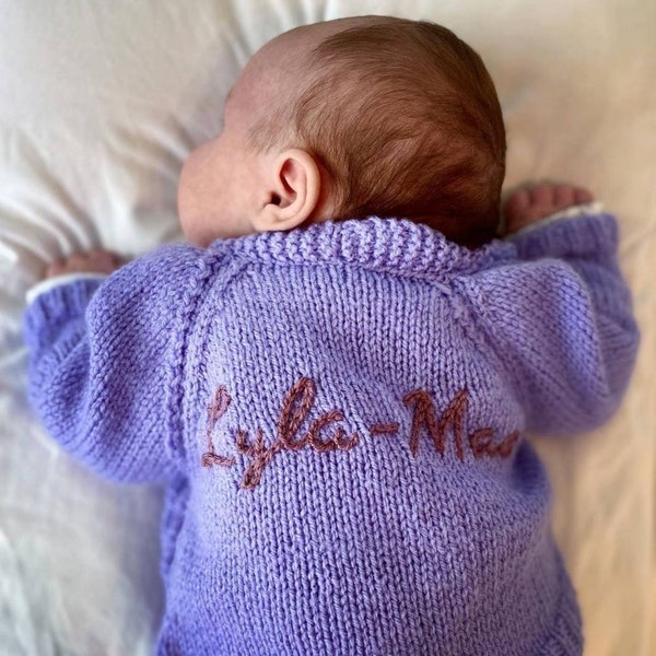 0-3 Months | Hand Knitted Personalised Baby Cardigan in purple.