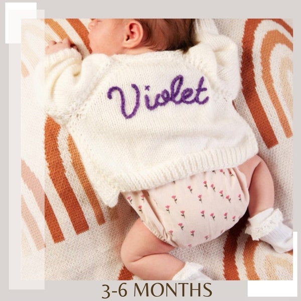 3-6 Months | Neutral | Personalised Hand Knitted Baby Cardigans/Jumpers. Handmade and hand embroidered for a special gift or keepsake.