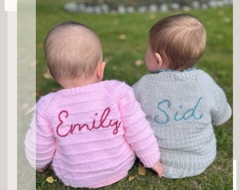 6-12 Months | Mixed Colours | Personalised Hand Knitted Baby Cardigans/Jumpers. Handmade & hand embroidered for a special gift or keepsake.