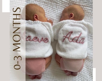 White | Personalised Hand Knitted Baby Cardigans/Jumpers in 0-3 Months. Handmade and hand embroidered for a special gift or keepsake.