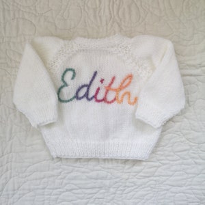 Rainbow Yarn Personalised Hand Knitted Baby Cardigans/Jumpers. Handmade & hand embroidered for a special gift or keepsake. image 6