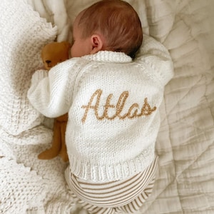 0-3 Months | Neutral | Personalised Hand Knitted Baby Cardigans/Jumpers. Handmade and hand embroidered for a special gift or keepsake.