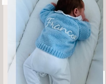 0-3 Months | Mixed Colours | Personalised Hand Knitted Baby Cardigans/Jumpers. Handmade and hand embroidered for a special gift or keepsake.