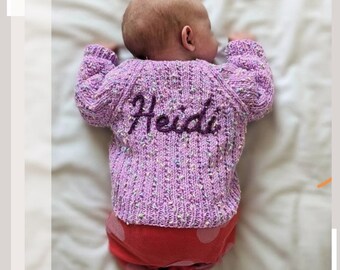 0-3 Months | Mixed Purple | Personalised Hand Knitted Baby Cardigans/Jumpers. Handmade and hand embroidered for a special gift or keepsake.