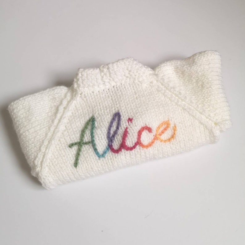 Rainbow Yarn Personalised Hand Knitted Baby Cardigans/Jumpers. Handmade & hand embroidered for a special gift or keepsake. image 4