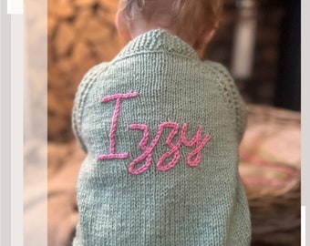 12-24 Months | Mixed Colours | Personalised Hand Knitted Baby Cardigans/Jumpers. Handmade & hand embroidered for a special gift or keepsake.