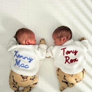 Personalised named cardigans jumpers. Hand knitted. 0-3 months Boy/Girl, nutural. Baby gift, keepsake, going home outfit, birth announcement