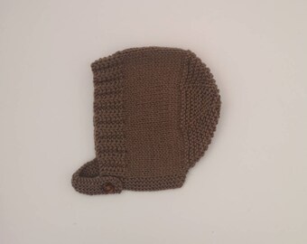 6-12M | Hand Knitted Personalised Baby Bonnet in Brown.