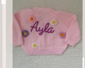 Crochet Flower Applique Embellishment | Personalised Hand Knitted Baby Cardigans/Jumpers. Handmade & hand embroidered for a special