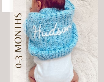 Mixed blues | 0-3 Months | personalised Hand Knitted Baby Cardigan. Name on knit. Colour as pictured.