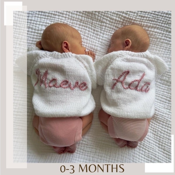 0-3 Months | White | Personalised Hand Knitted Baby Cardigans/Jumpers. Handmade and hand embroidered for a special gift or keepsake.