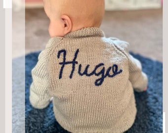6-12 Months | Mixed Colours | Personalised Hand Knitted Baby Cardigans/Jumpers. Handmade & hand embroidered for a special gift or keepsake.