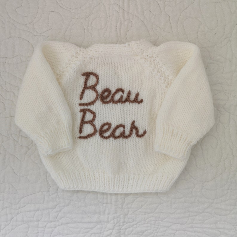 Additional Words/Lines Personalised Hand Knitted Baby Cardigans/Jumpers. Handmade & hand embroidered for a special gift or keepsake. One additional word