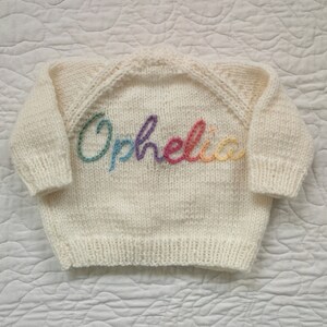 Rainbow Yarn Personalised Hand Knitted Baby Cardigans/Jumpers. Handmade & hand embroidered for a special gift or keepsake. image 5