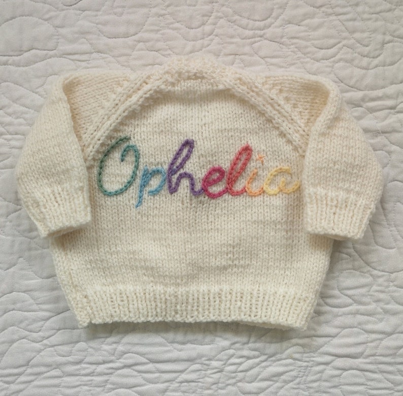 Rainbow Yarn Personalised Hand Knitted Baby Cardigans/Jumpers. Handmade & hand embroidered for a special gift or keepsake. image 5