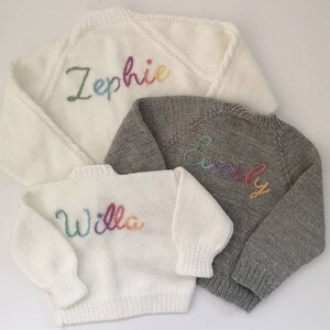 Rainbow Yarn Personalised Hand Knitted Baby Cardigans/Jumpers. Handmade & hand embroidered for a special gift or keepsake. image 3