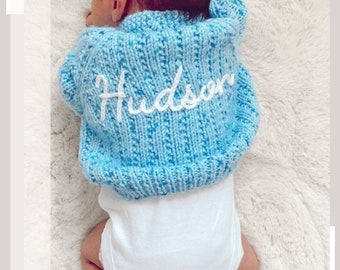 0-3 Months | Mixed Blues | Personalised Hand Knitted Baby Cardigans/Jumpers. Handmade and hand embroidered for a special gift or keepsake.