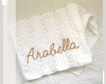 White | Personalised Blankets | Hand Knitted | Baby Gift | Newborn | Shower | Name | Vintage Patterns