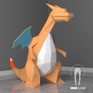 Pokemon Papercraft Glurak, DIY Pokemon, Papiermodell Kunst, Low Poly DIY, DIY Papier 3D Kunst, Diy Papier Statue, Papercrafting, Eburgami, Druck