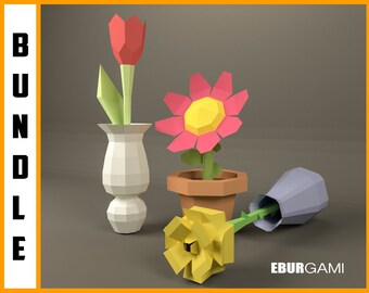 Flowers Paper-craft Set, Bundle Flowers, Tulip Paper,  Rose Paper, DIY Flower, Low Poly Paper Flower, PDF Download DIY gift,Decor for home