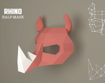 DIY Rhino Mask Papercraft, Rhino Mask Model, Rhino 3D, Dierenmasker, Dierenmasker, Eburgami, PDF-download, Feestmasker, Cadeau, Kostuum