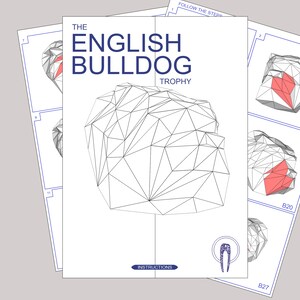 May include: A printable papercraft model of an English Bulldog trophy. The model is made up of a series of triangles that form the shape of a bulldog's head. The model is in black and white with a red accent on the nose. Instructions for assembling the model are included.