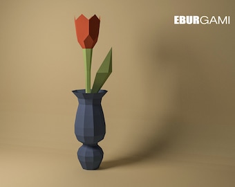 Flor de Papercraft, Tulipán 3D, Construye tu propia flor de bricolaje, Flor de papel Low Poly, Descarga PDF de regalo de bricolaje, Decoración de pared para el hogar y la oficina