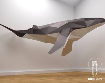 Laag poly XXL walvismodel, maak je eigen 3D Papercraft walvis, origami walvis, blauwe vinvis, muurhanger, Eburgami