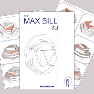 Puede incluir: Un dibujo en blanco y negro de una forma geom&eacute;trica 3D, titulado "The Max Bill 3D". La imagen incluye instrucciones para construir la forma, con pasos numerados y diagramas.