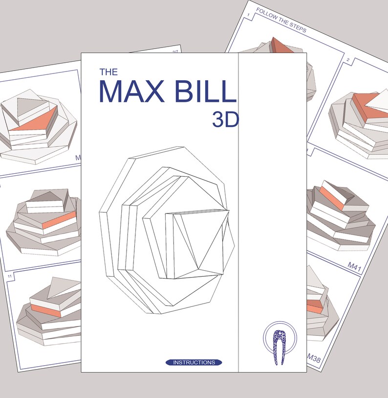 Puede incluir: Un dibujo en blanco y negro de una forma geom&eacute;trica 3D, titulado "The Max Bill 3D". La imagen incluye instrucciones para construir la forma, con pasos numerados y diagramas.