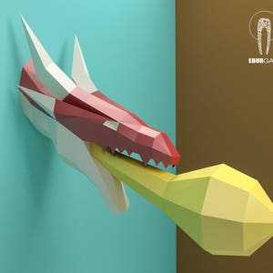 Cabeza de dragón artesanal de papel, máscara de dragón trofeo papercraft DIY, cabeza de origami 3D, escultura de papel DIY, bricolaje Low Poly, máscara Lowpoly, Eburgami, fuego