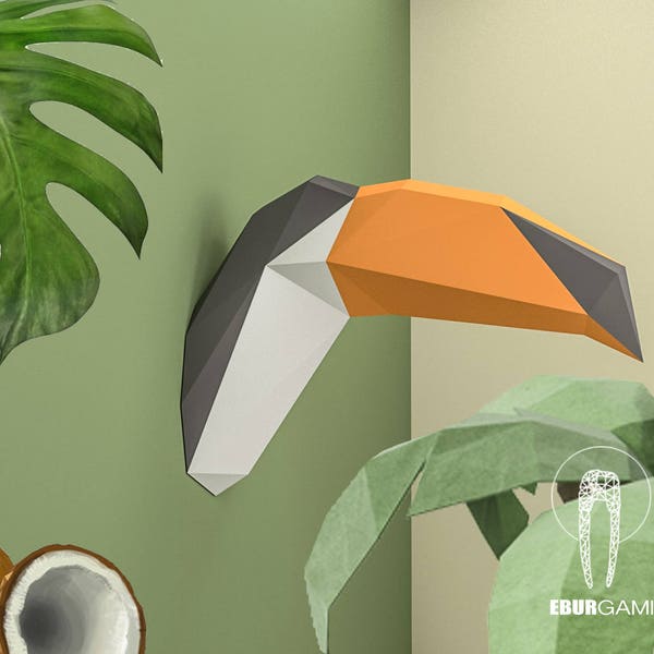 Tête de trophée Toucan, DIY Low Poly Tropical, Modèle de tête de Toucan, Eburgami, Modèle de tête de Tucan 3D, Papercraft 3D, Cadeau, Décor d’art mural