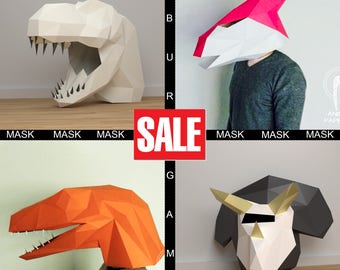 DIY Dinosaur Mask Papercraft models Papercrafting, T-rex Mask, T-rex Papercraft, Bundle Dinosaur Papercraft, Low Poly Mask, Party, Eburgami