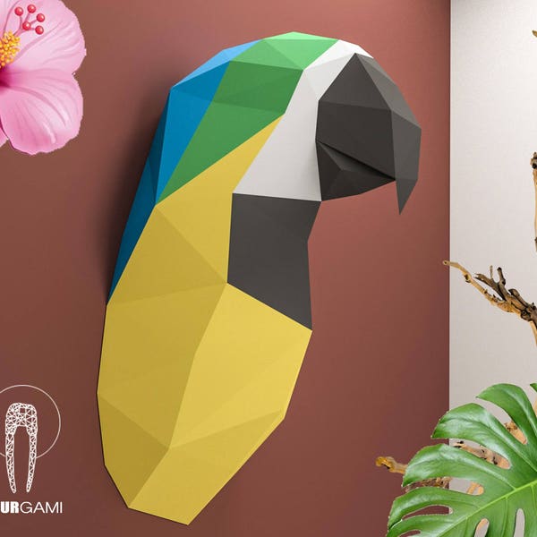 Tête de trophée de perroquet, Perroquet Papercraft, Ara Parrot 3D, Téléchargement instantané, DIY Low Poly Tropical, Perroquet PDF Modèle, Eburgami, 3D Papercraft