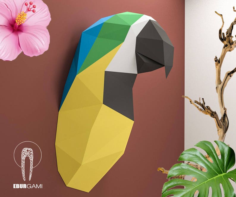 Parrot Trophy Head, Parrot Papercraft, Ara Parrot 3D, Instant Download, DIY Low Poly Tropical, Parrot PDF Template, Eburgami, 3D Papercraft image 1