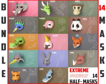 May include: A set of 14 printable papercraft half masks featuring various animals, including a peacock, flamingo, dragon, monkey, panda, fox, rhino, and more. The masks are designed to be cut out and assembled, creating a fun and creative activity for kids and adults.
