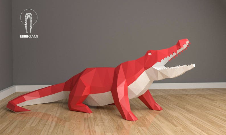 Low Poly XXL Crocodile Model, Create Your Own, 3D Papercraft Crocco, Origami Crocodile, Lowpoly mask, DIY Crocodile, Wall hanging, Eburgami image 3