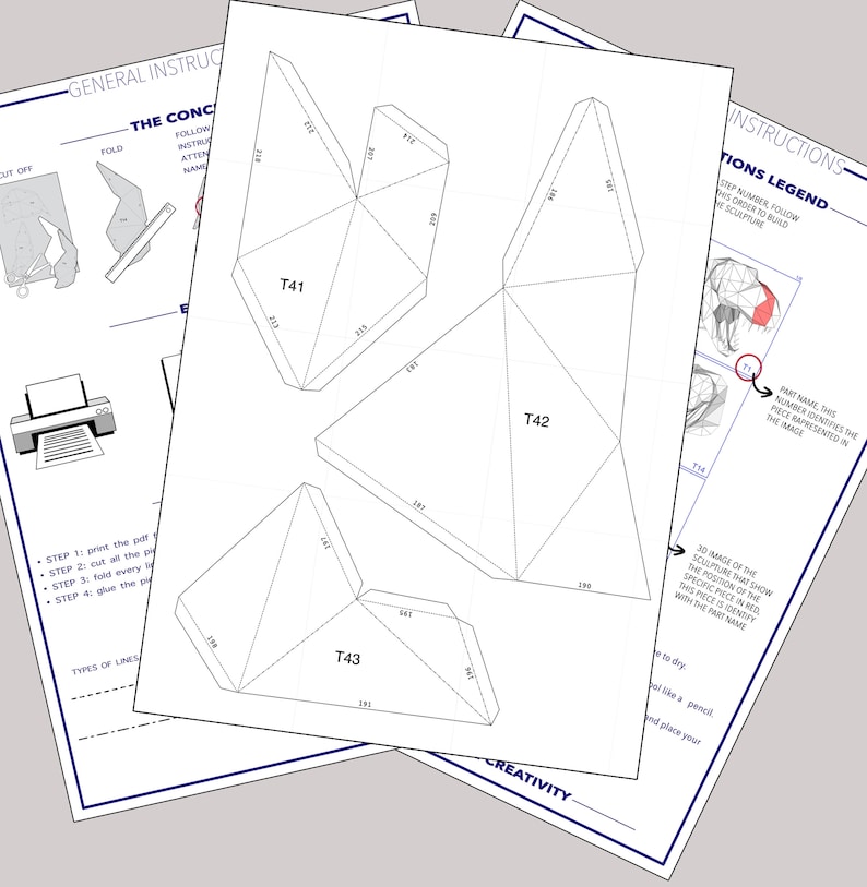 Puede incluir: Una plantilla de papercraft imprimible para construir un modelo 3D de un elefante. La plantilla incluye instrucciones y una leyenda con partes numeradas que corresponden a la imagen del elefante terminado.