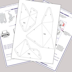 K&ouml;nnte beinhalten: Eine druckbare Papiercraft-Vorlage zum Bau einer 3D-geometrischen Skulptur. Die Vorlage enth&auml;lt drei separate Teile, die mit T41, T42 und T43 gekennzeichnet sind. Die Anleitung enth&auml;lt eine Legende mit den Teilenamen und -nummern sowie ein 3D-Bild der Skulptur.