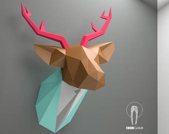 Tête de cerf en papier, trophée en papier, tête d'animal en papier, trophée de cerf bricolage en papier, cerf en suite, modèle de bricolage, Eburgami, faire le vôtre