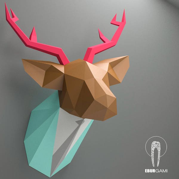 Papercraft Hirschkopf, Papier Trophäe, Papier Tierkopf, Papier Handwerk DIY Hirsch Trophäe, Hirsch in der Reihe, DIY Vorlage, Eburgami, Machen Sie Ihre Eigenen