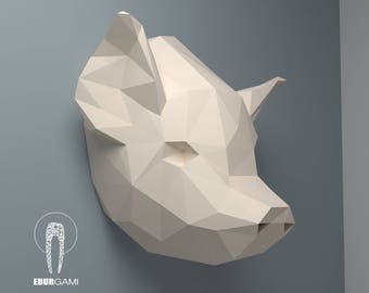 DIY Low Poly Pig Trophy Head, PDF Template, Papercrafting DIY Pig Head, Eburgami , 3D Pig Head Model, 3D Papercraft, Gift, Wall Art Decor