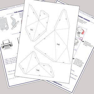 May include: A printable papercraft template for building a 3D model of a sculpture. The template includes three separate pieces labeled T41, T42, and T43. The instructions include a legend with numbered steps and a 3D image of the sculpture showing the position of each piece.