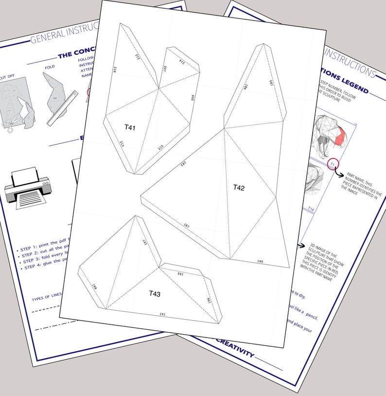 May include: A printable papercraft template for building a 3D model of a sculpture. The template includes three separate pieces labeled T41, T42, and T43. The instructions include a legend with numbered steps and a 3D image of the sculpture showing the position of each piece.