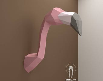 DIY Low Poly Flamingo Trophy Head, DIY Flamingo Head Template, Eburgami , 3D Flamingo Head Model, 3D Papercraft, Gift, Wall Art Decor