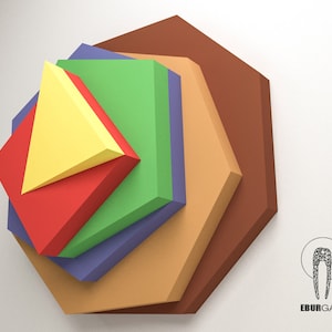 Puede incluir: Una pila de formas geom&eacute;tricas en varios colores, incluyendo marr&oacute;n, verde, azul, rojo y amarillo. Las formas est&aacute;n dispuestas en una formaci&oacute;n piramidal, con la forma m&aacute;s grande en la parte inferior y la forma m&aacute;s peque&ntilde;a en la parte superior. Las formas est&aacute;n hechas de papel y tienen un efecto 3D.