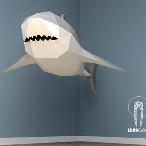Manualidad de papel XXL con gran tiburón blanco, manualidades en papel 3D - Construye tu propia escultura de papel Low Poly PDF Descargar regalo DIY, decoración de pared para el hogar - Eburgami